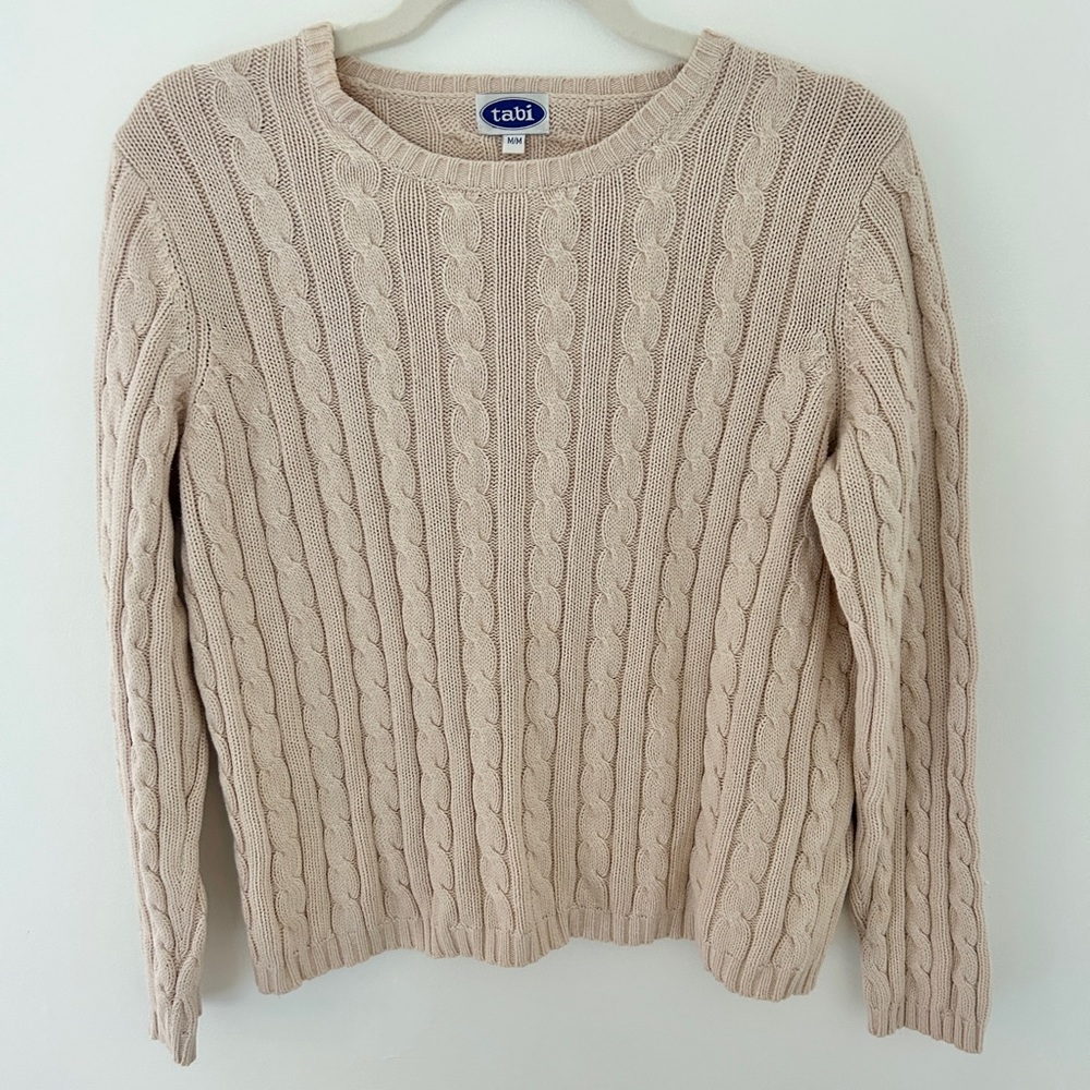 TABI Cotton Cable Knit Sweater‎ Women's Medium Beige Oatmeal Coastal Neutral